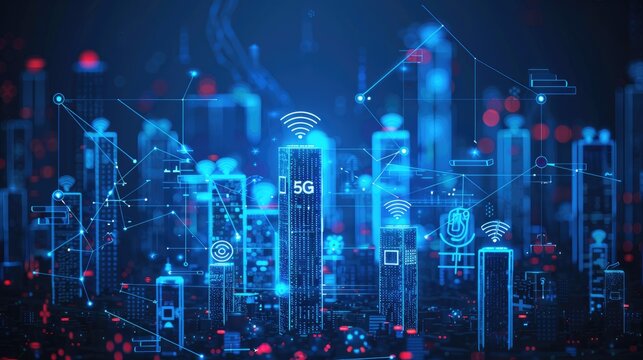 Cityscape with 5G network icons and digital waves, representing the ultra-fast communication speeds and widespread connectivity of next-generation technology. 
