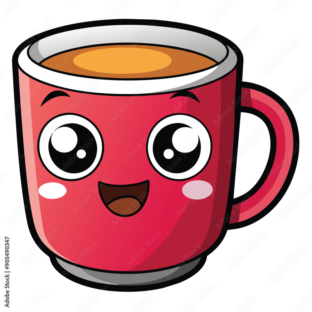 Poster a cartoon illustration of a red coffee mug with a happy face