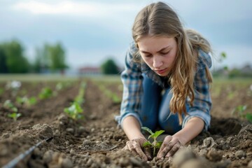 Young girl engaging in agriculture, carefully planting crops in soil with focused attention in rural surroundings