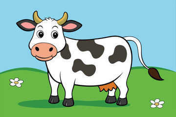 A full-length cow standing in a meadow eating grass art vector