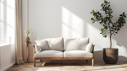 A white sofa with wooden legs sits in a minimalist living room, bathed in natural light streaming through a large window. A leafy plant in a terracotta pot adds a touch of greenery to the serene space