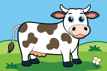 A full-length cow standing in a meadow eating grass art vector