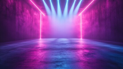 Obraz premium Abstract neon rays shining on a futuristic empty stage, creating a mesmerizing atmosphere.