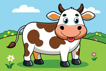 A full-length cow standing in a meadow eating grass art vector