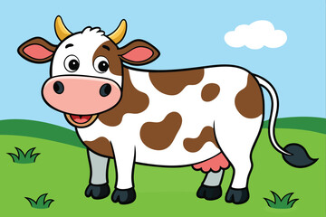 A full-length cow standing in a meadow eating grass art vector