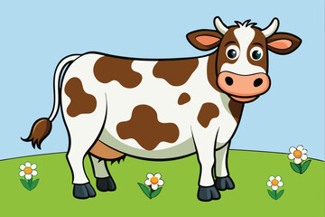 A full-length cow standing in a meadow eating grass art vector