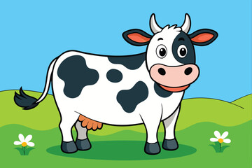 A full-length cow standing in a meadow eating grass art vector