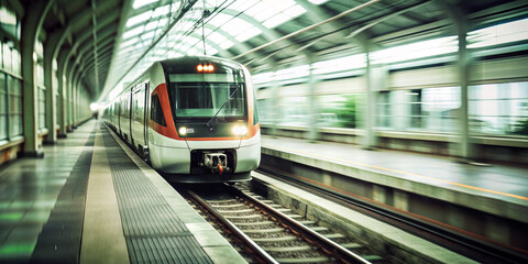 Fototapeta premium A modern high-speed train. The train is depicted against a sunset background, conveying movement and speed