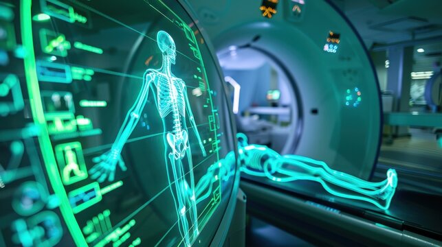 A clear nuclear medicine image showing the distribution of a radiotracer within the body, highlighting areas of high uptake, set in a specialized imaging center with advanced technology