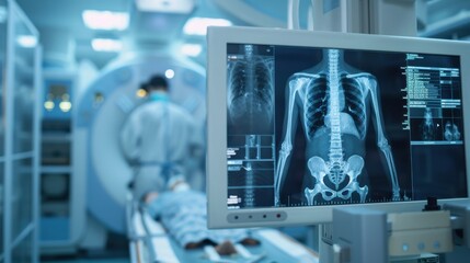 A clear nuclear medicine image showing the distribution of a radiotracer in the bones, highlighting areas of high uptake, set in a specialized imaging center with advanced technology