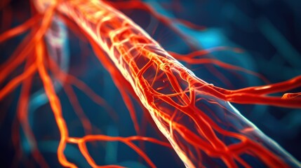 An intricate angiography image showing the blood vessels in the leg, highlighting the flow and any blockages with high precision, set in a cardiovascular imaging lab with advanced technology
