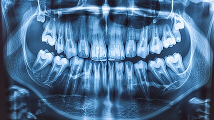 A clear dental radiography image showcasing the detailed structure of the teeth and jaw, highlighting any cavities or orthodontic issues, set in a modern dental clinic with state-of-the-art X-ray