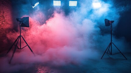 Dramatic smoke effect in a studio, enhanced by theatrical lighting, creating a mysterious scene.