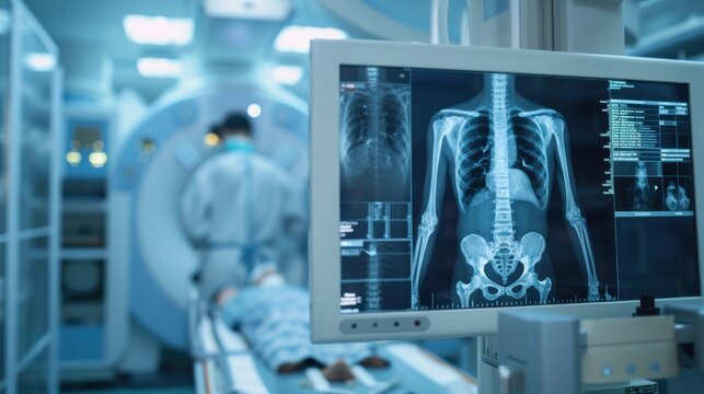 A clear nuclear medicine image showing the distribution of a radiotracer in the bones, highlighting areas of high uptake, set in a specialized imaging center with advanced technology