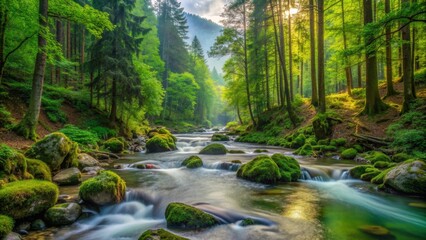 Obraz premium A tranquil river flows through a lush forest, sunlight dappling the water and illuminating the surrounding greenery. The scene symbolizes tranquility, nature's beauty, harmony, renewal, and the interc