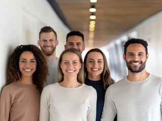 Portrait of a group of diverse employee smiling together in office, unity, diversity, inclusion