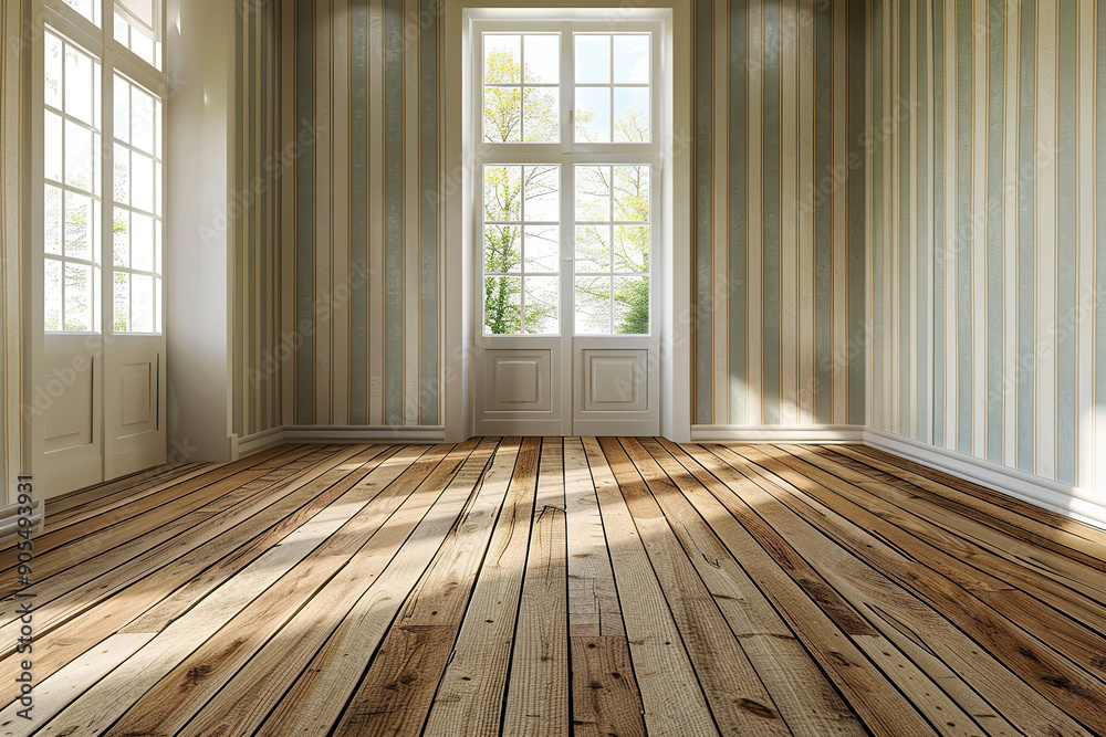 Wall mural a large empty room with a white wall and wooden floors.