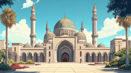 Intricate 2D illustration of a mosque, highlighting architectural details and cultural significance.