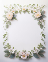 A  delicate floral border with soft very light white pink flowers and green leaves, creating an elegant frame. It is ideal for invitations, wedding stationery, and greeting cards.