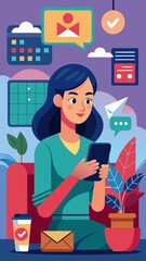 Woman Using Phone, Checking Tasks and Emails, Working from Home - A woman sits on a couch, using her smartphone, surrounded by symbols of organization and communication, representing work-life balance