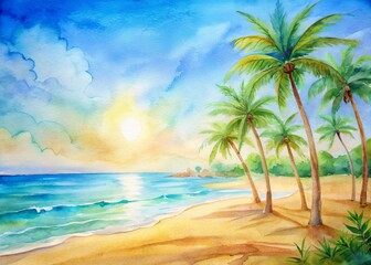 Sunny beach scene with palm trees swaying in the background, warm sand and clear blue sky, perfect setting for a joyful family moment.