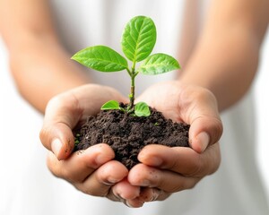 a person holding a small tree seedling, ecofriendly and sustainable lifestyle, vibrant and natural, realistic style, isolated on white background