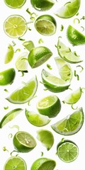 Limes: Collage of Fresh Citric Wedges and Cross-Cut Slices on White Background