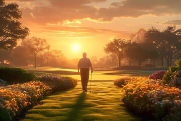 Elderly Golfer's Tranquil Sunset Stroll Through Manicured Golf Course Gardens