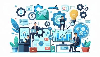 This illustration depicts a team working together to drive business growth. It symbolizes collaboration, innovation, technology, data analysis, and strategic planning.