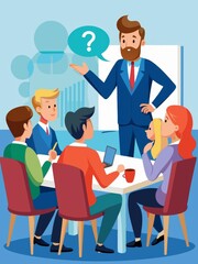 Obraz premium Business Meeting: Team Brainstorming and Questions - A business meeting with a team of 5 people, the leader is presenting information and explaining something with a question mark above his head, the 