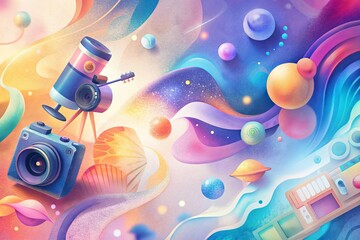 Vibrant digital design studio background with colorful vector shapes, creative illustrations, and modern software interfaces, surrounded by music notes and camera lenses.