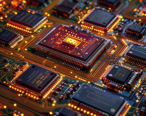 Obraz premium Intricate circuitry on a microchip, hightech electronics, precision engineering, closeup detail, modern technology, intricate patterns, advanced tech components