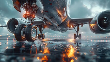 close-up of an airplane's landing gear retracting as it takes off into the sky.