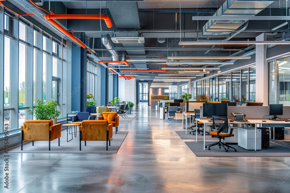 Poster A large open office space with orange chairs and tables.