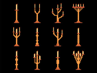 Candlesticks icon set in pixel art style. Candles in 8-bit pixel style. Candlesticks for candles on black background. Icon design for banners, posters and promotional products. Vector illustration