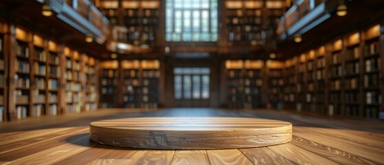 Obraz premium Educational 3D Podium in Empty Setting with Blurred School Library Background for Presentations