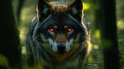 Fototapeta premium Wolf king face with glowing red eyes stalking the forest, its fur blending with the shadows, creating an aura of mystery and power.