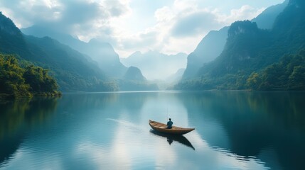 Obraz premium A lake surrounded by mountains, a straw boat in the lake, a man fishing on the boat