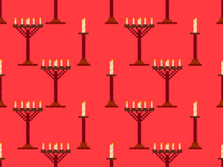 Seamless pattern of pixel candlesticks. Candlestick with candles in 8-bit style. Candlestick with burning candles. Design for wallpapers, wrappers, covers and banners. Vector illustration