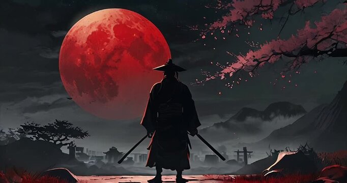 Warrior Stands Beneath Red Moon in Enchanted Landscape at Dusk