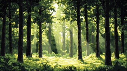 Obraz premium Peaceful forest clipart with tall trees and dappled sunlight, creating a serene and tranquil atmosphere.