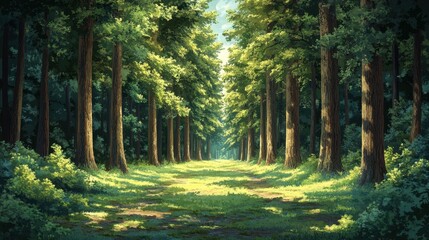 Peaceful forest clipart with tall trees and dappled sunlight, creating a serene and tranquil atmosphere.