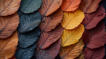 Dew Covered Leaves Displaying Autumn Colors Amidst Natural Textures in Forest