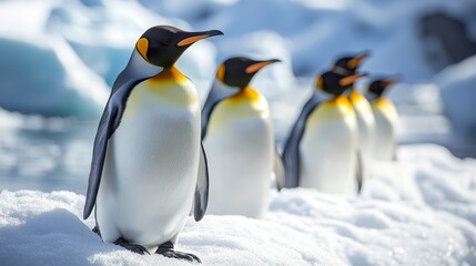 Fototapeta premium Antarctic bunch of penguins with an ice and snow
