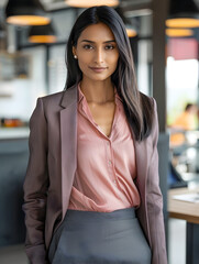 30 year old Indian woman with long hair wearing trendy pink blouse grey pencil skirt matching blazer standing in corporate office