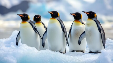 Fototapeta premium Antarctic bunch of penguins with an ice and snow