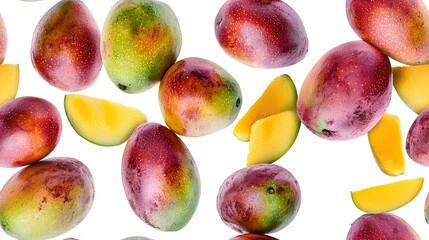 An artistic composition of mixed ripe mangoes set against a pristine white background. The image includes an assortment of mangoes, such as whole fruits, mango wedges, and mango cubes, arranged 