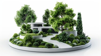 A miniature landscape with lush greenery and a modern house, perfect for representing concepts of sustainability, growth, and home.