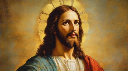 Portrait of Jesus Christ, with a serene expression and a radiant halo, conveying a sense of peace and divinity.