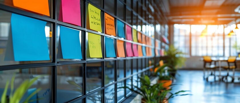 Closeup of colorful sticky notes on a glass wall in a modern office